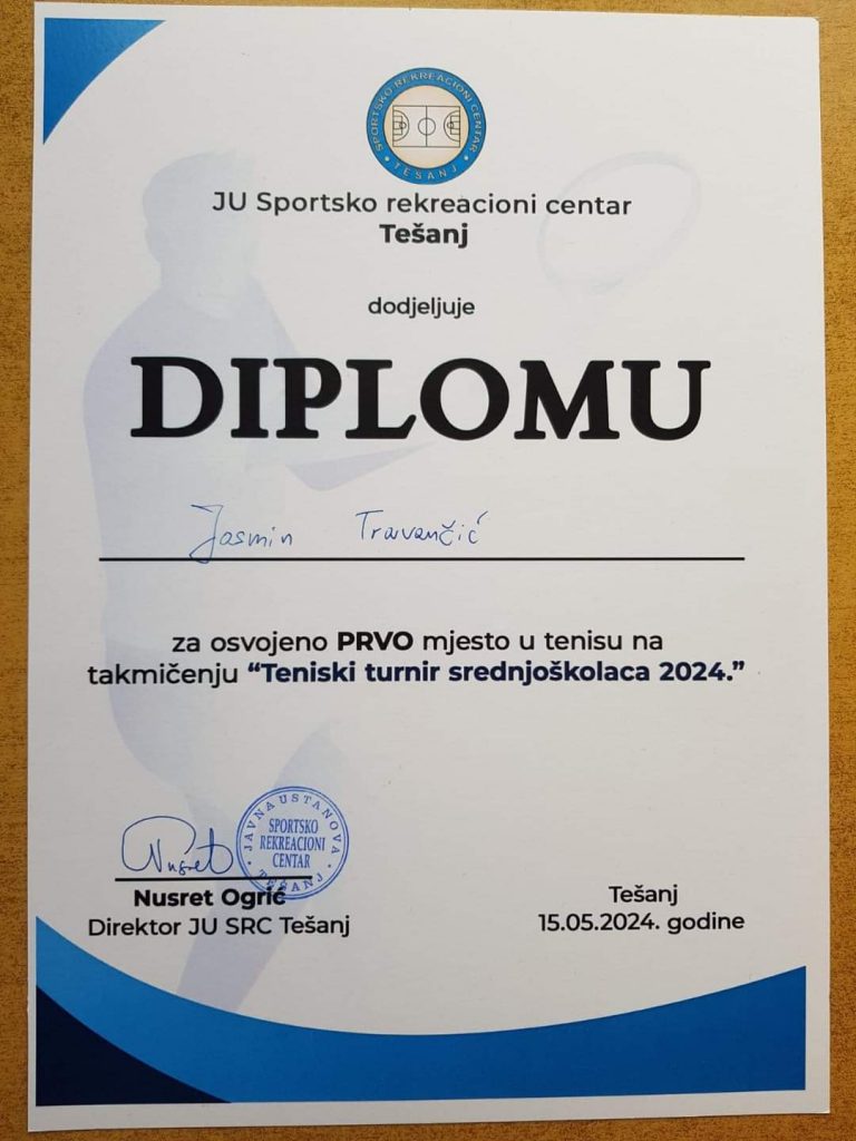 Naš učenik Jasmin Travančić osvojio prvo mjesto na Teniskom turniru za srednjoškolce Naš učenik Jasmin Travančić osvojio prvo mjesto na Teniskom turniru za srednjoškolce