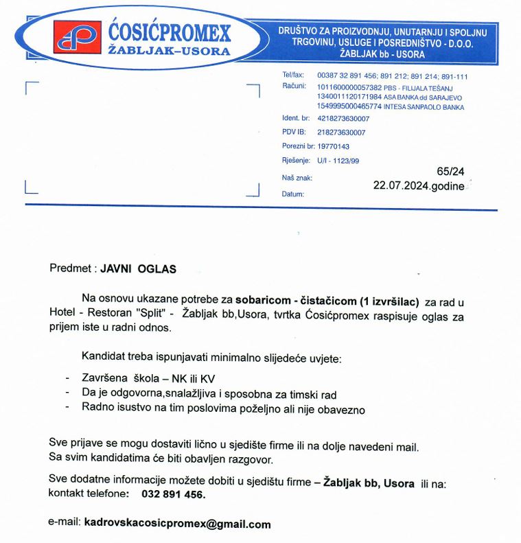 Ćosićpromex Žabljak Usora: Potrebna sobarica/čistačica za rad u Hotelu "Split"