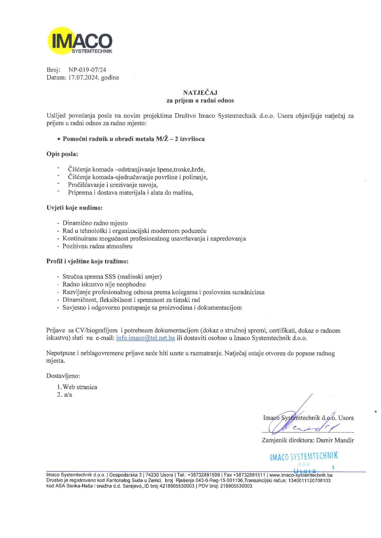 Imaco Systemtechnik d.o.o. Usora: Natječaj za pomoćne radnike Imaco Systemtechnik d.o.o. Usora: Natječaj za pomoćne radnike