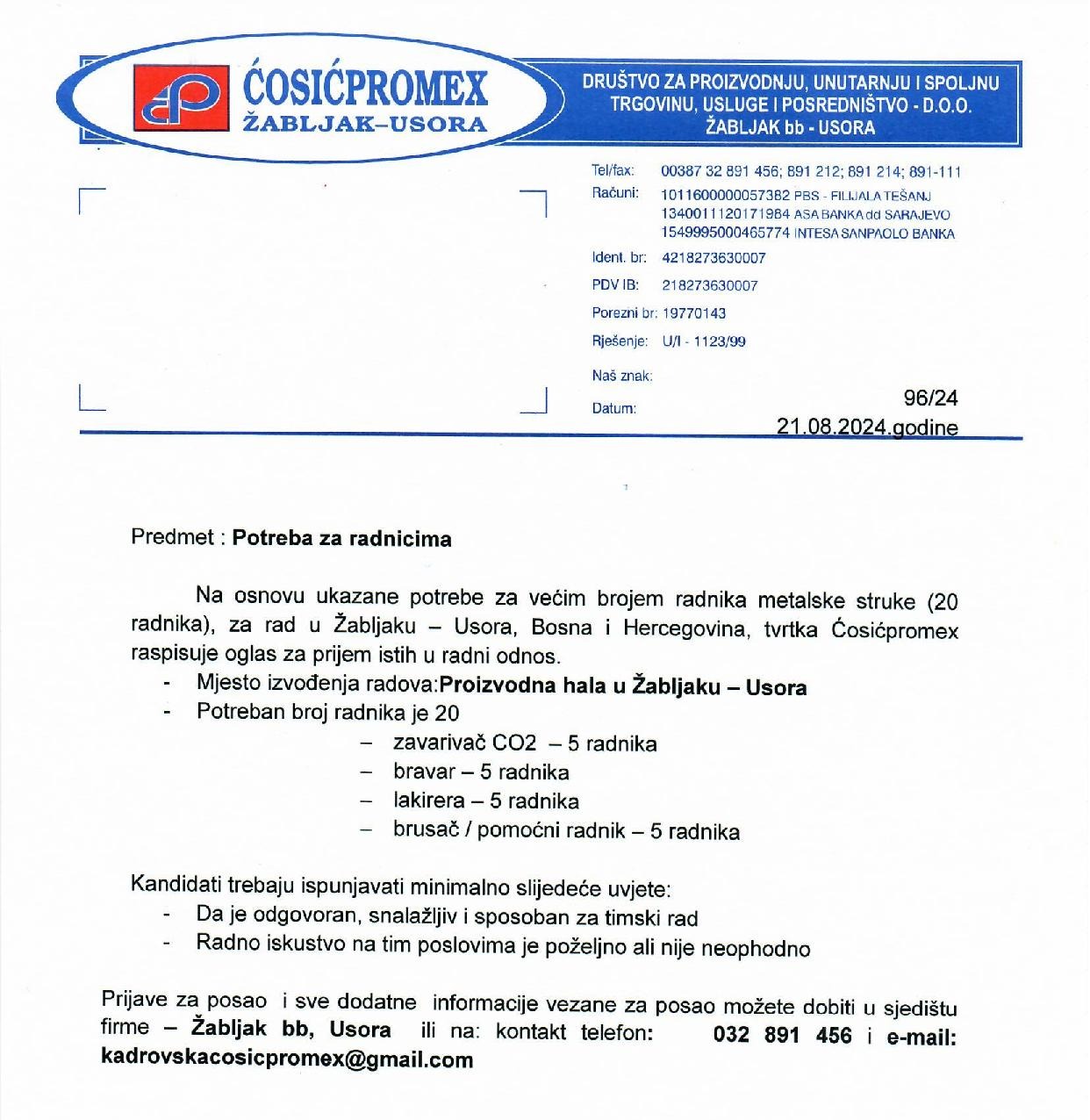 Ćosićpromex Žabljak Usora: Potrebni zavarivači, bravari, lakireri te brusači