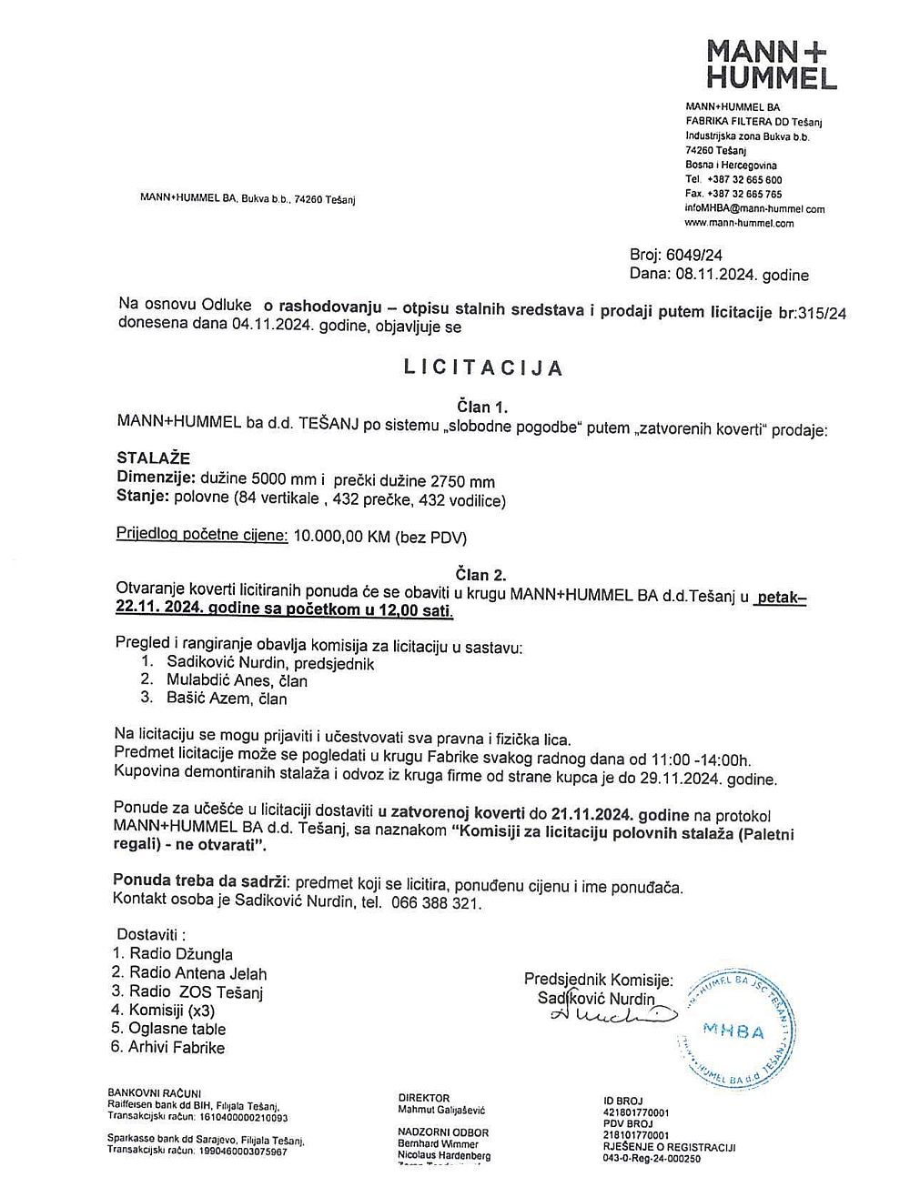MANN HUMMEL BA d.d. TEŠANJ: Licitacija za prodaju stalaža MANN HUMMEL BA d.d. TEŠANJ: Licitacija za prodaju stalaža