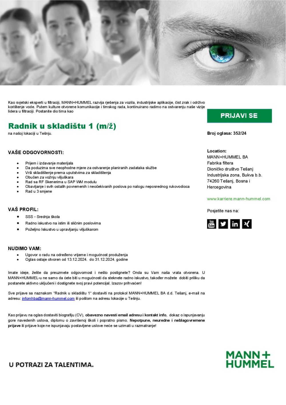 MANN HUMMEL BA d.d. TEŠANJ zapošljava radnika u skladištu MANN HUMMEL BA d.d. TEŠANJ zapošljava radnika u skladištu