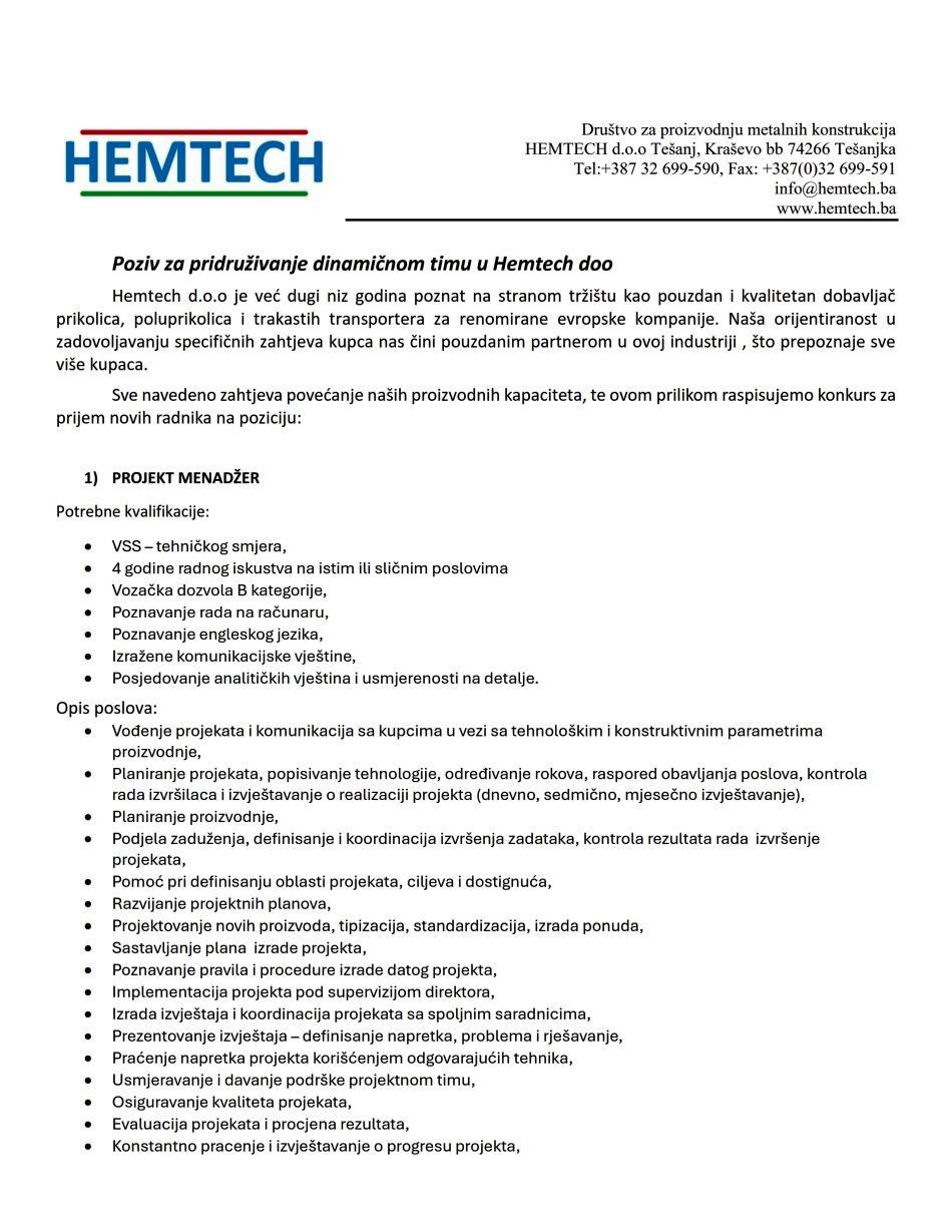 HEMTECH: Potreban projekt menadžer HEMTECH: Potreban projekt menadžer