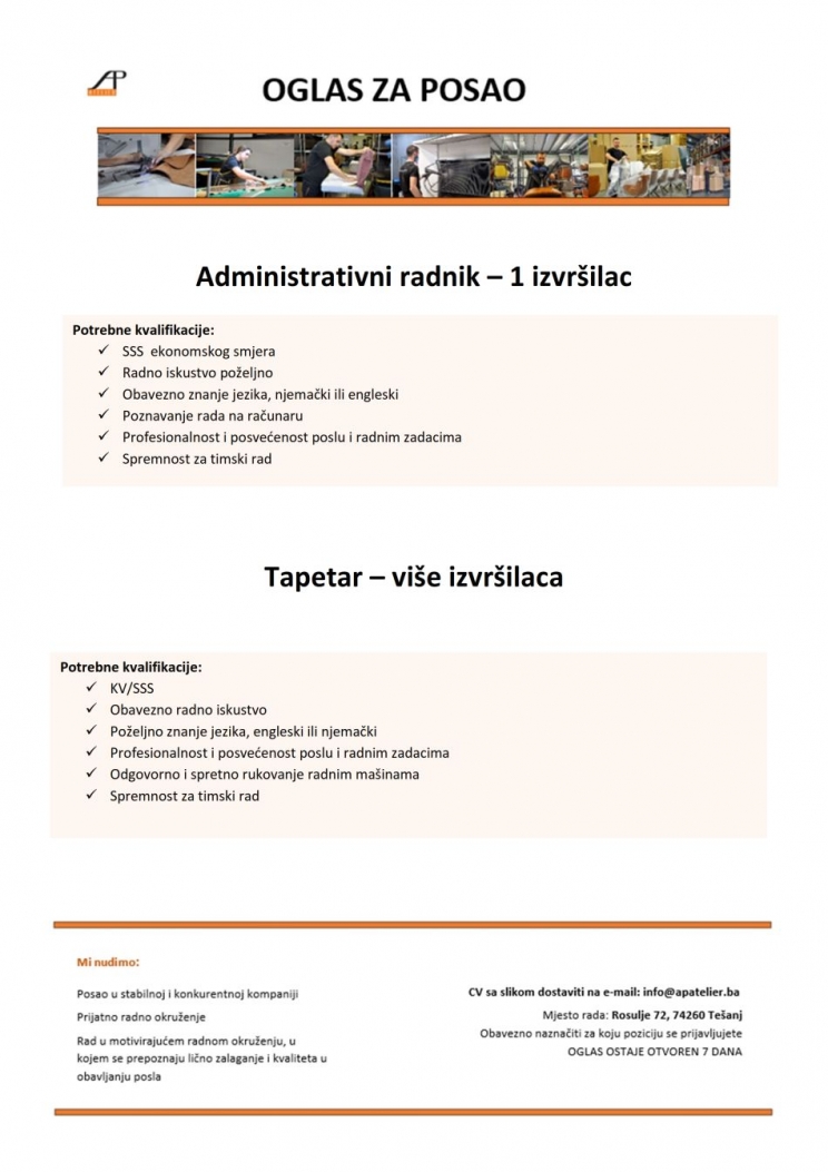 AP Atelier: Potrebni radnici AP Atelier: Potrebni radnici