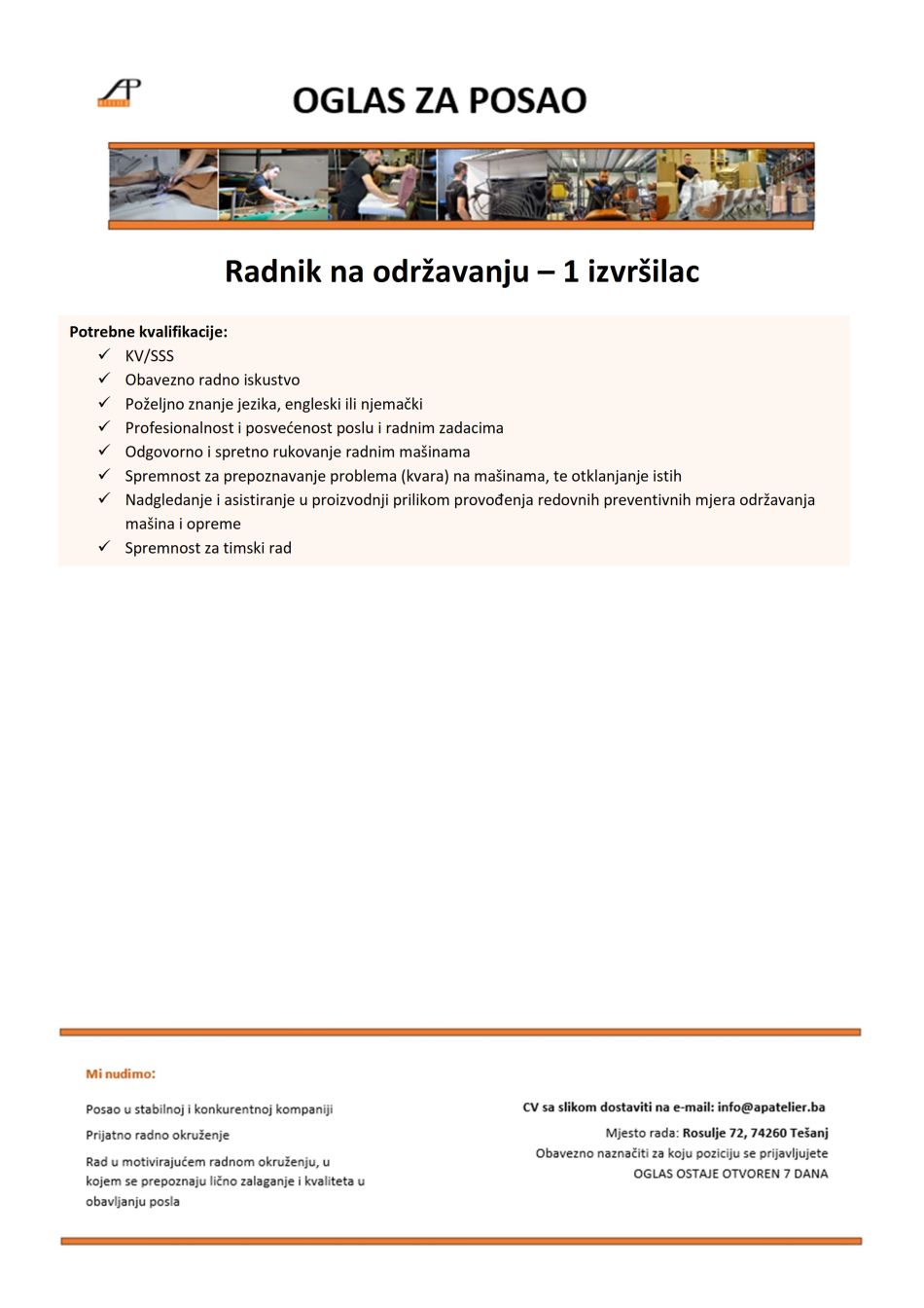 AP Atelier: Potrebni radnici AP Atelier: Potrebni radnici