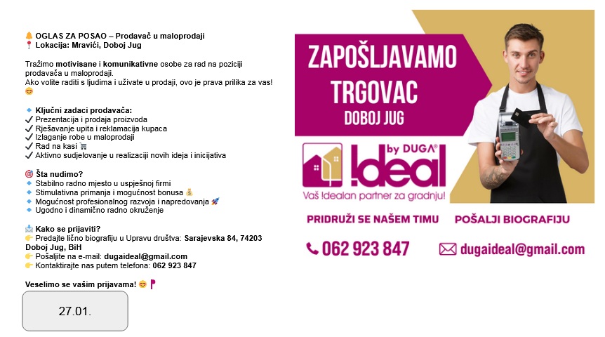 DUGA IDEAL: Potrebni prodavači i skladištar DUGA IDEAL: Potrebni prodavači i skladištar