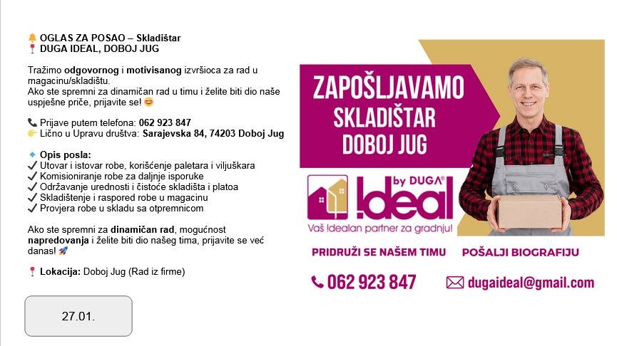 DUGA IDEAL: Potrebni prodavači i skladištar DUGA IDEAL: Potrebni prodavači i skladištar