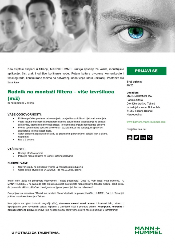 MANN HUMMEL: Potrebni radnici na montaži filtera MANN HUMMEL: Potrebni radnici na montaži filtera