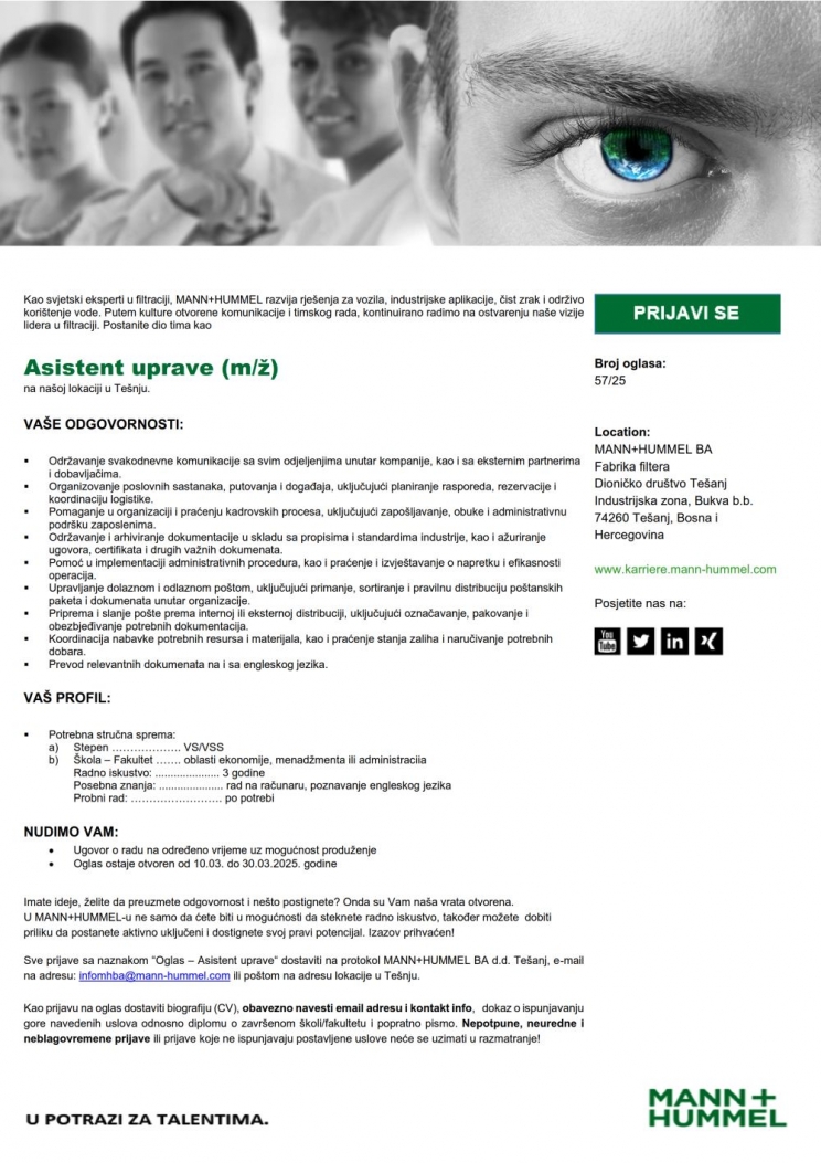 MANN HUMMEL: Potreban asistent uprave MANN HUMMEL: Potreban asistent uprave