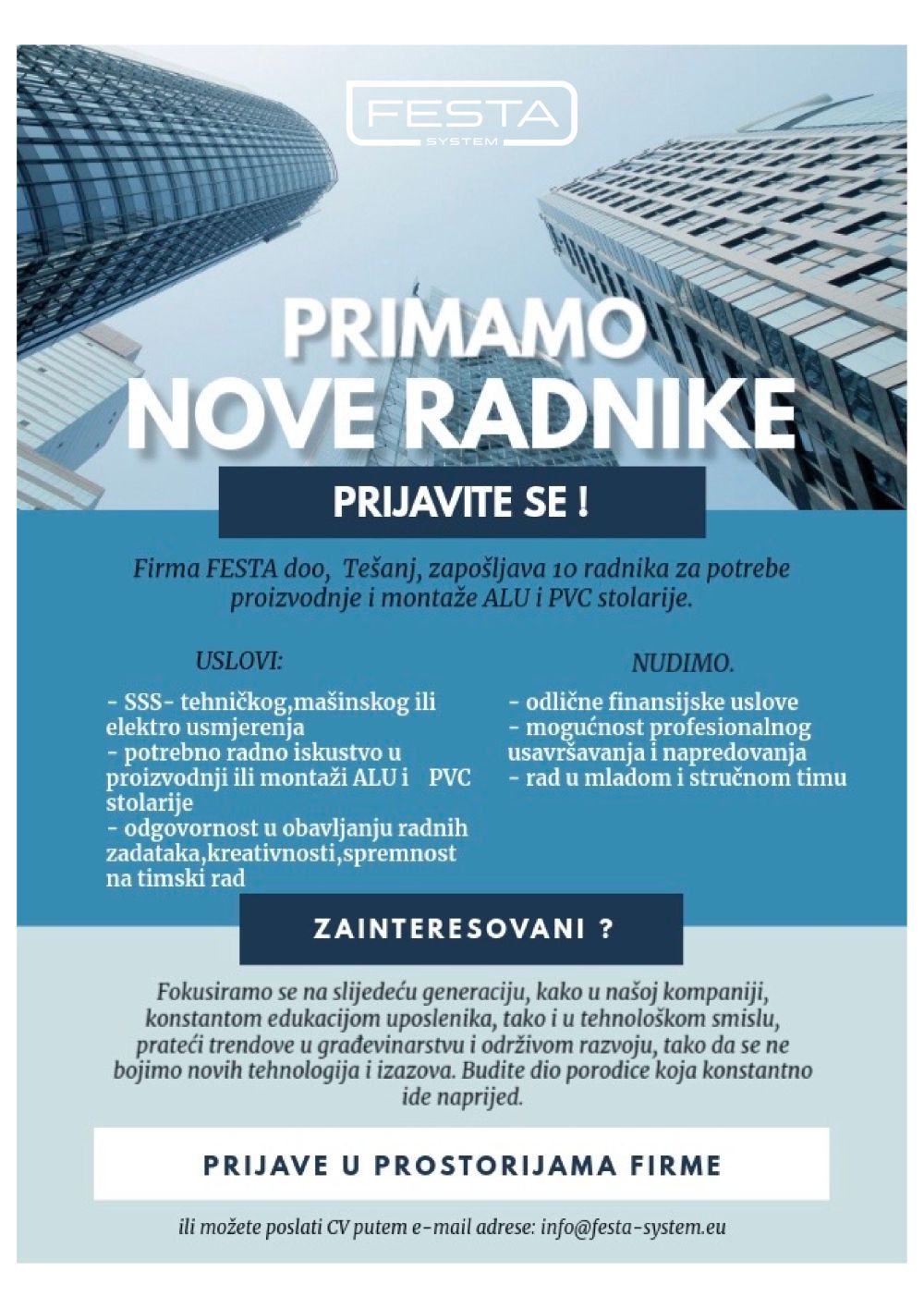 FESTA: Potrebani radnici u tahničkoj pripremi i proizvodnji FESTA: Potrebani radnici u tahničkoj pripremi i proizvodnji