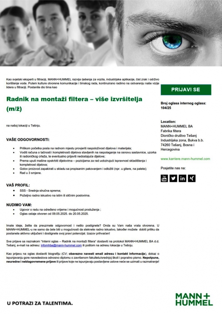 MANN+HUMMEL: Potrebni radnici u montaži filtera