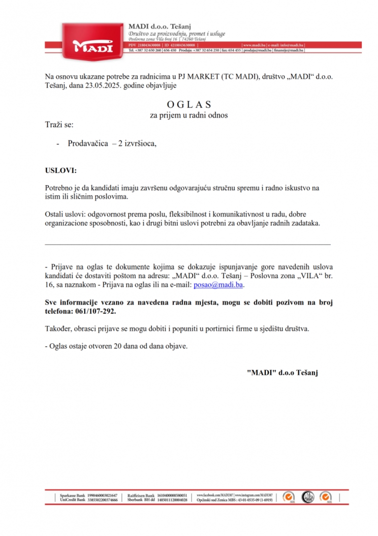 TC MADI: Potrebne prodavačice TC MADI: Potrebne prodavačice